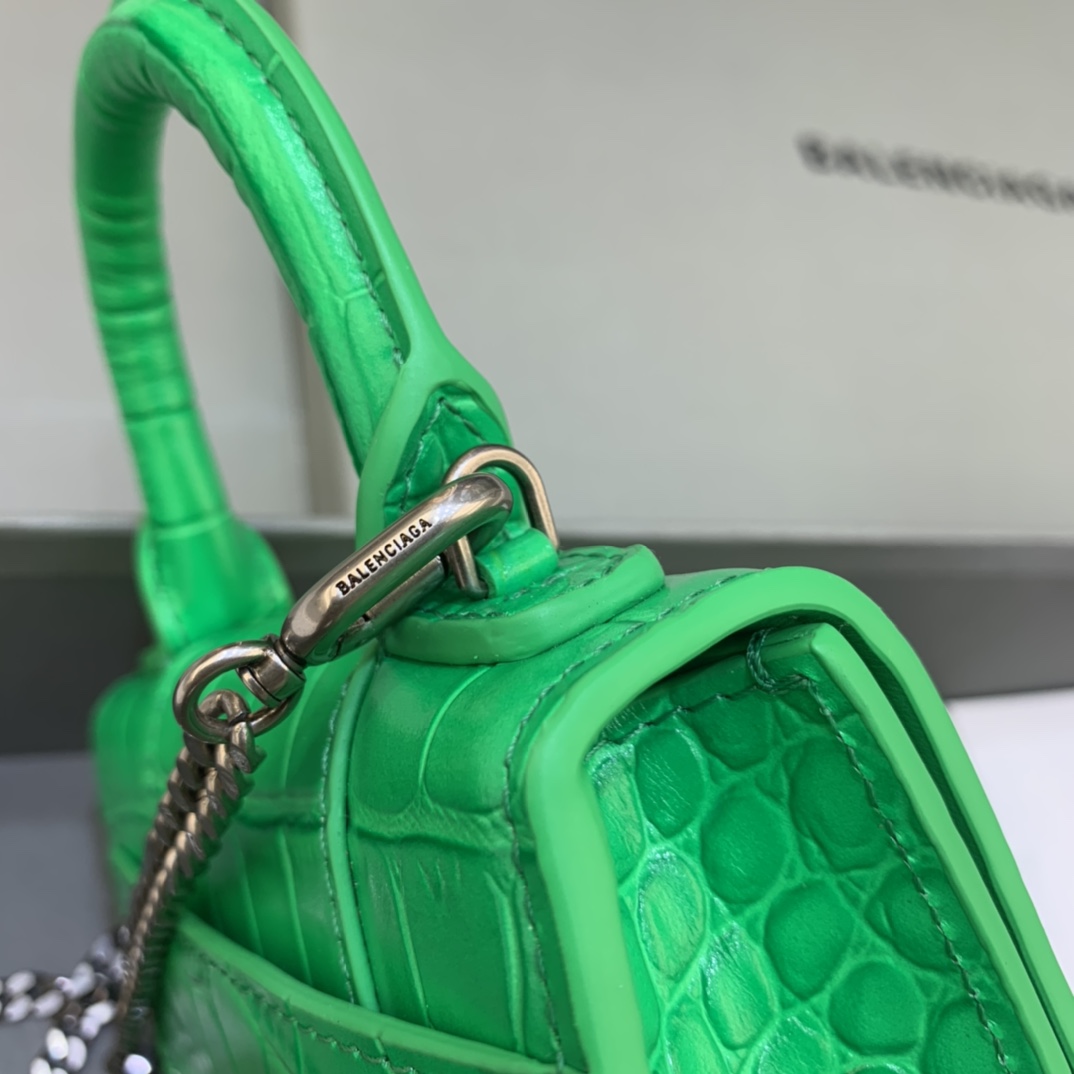 Balenciaga Hourglass Mini Handbag With Chain Crocodile Embossed Shoulder Bag Green